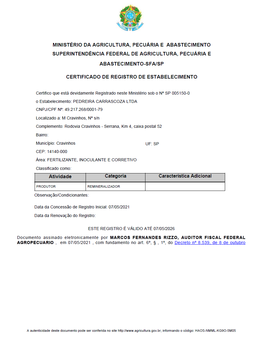 Certificado de registro do estabelecimento