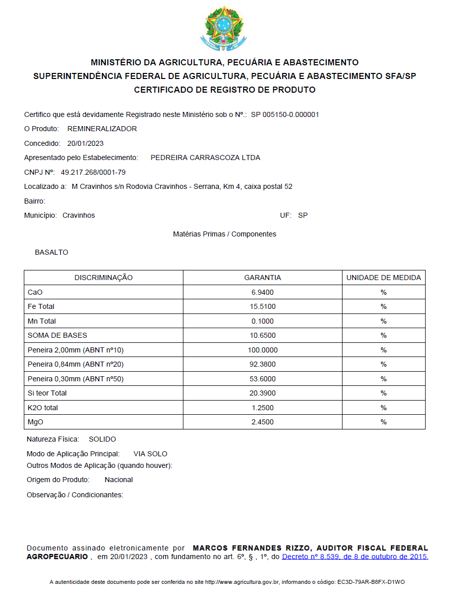 Certificado de registro do produto